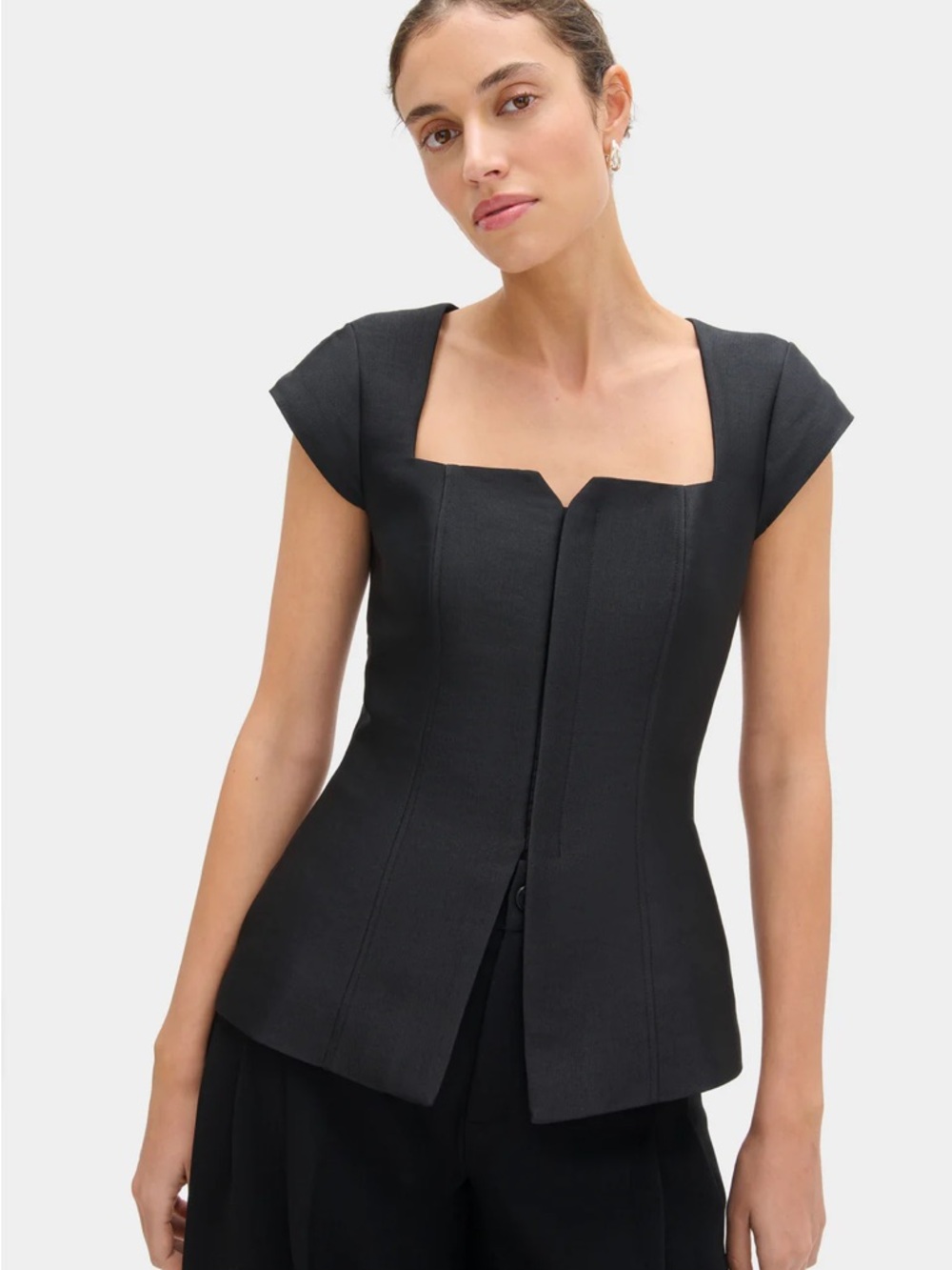 Structured Square-Neck Black Cap-Sleeve Top